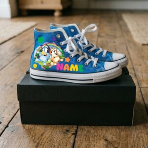 Personalized Name Birthday Bluey and Bingo Blue High Top Sneaker Shoes