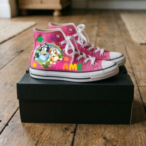 Personalized Name Birthday Bluey and Bingo Pink High Top Sneaker Shoes