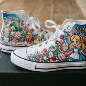 Personalized Name Birthday Alice in Wonderland Full Print White High Top Sneaker Shoes