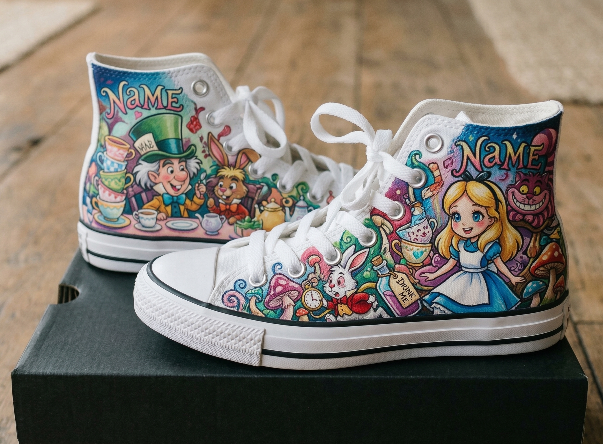 Personalized Name Birthday Alice in Wonderland Full Print White High Top Sneaker Shoes