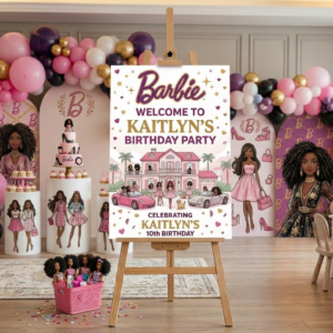 Barbie Black Girl Doll Theme Personalized Custom Welcome Birthday Sign Foam Poster Board Print Wall Art 24" x 36" inch Decoration Party Glossy Finish