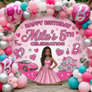 Barbie Black Girl Doll Personalized Round Fabric Cover Backdrop Background 7.2ft Decoration Party Birthday