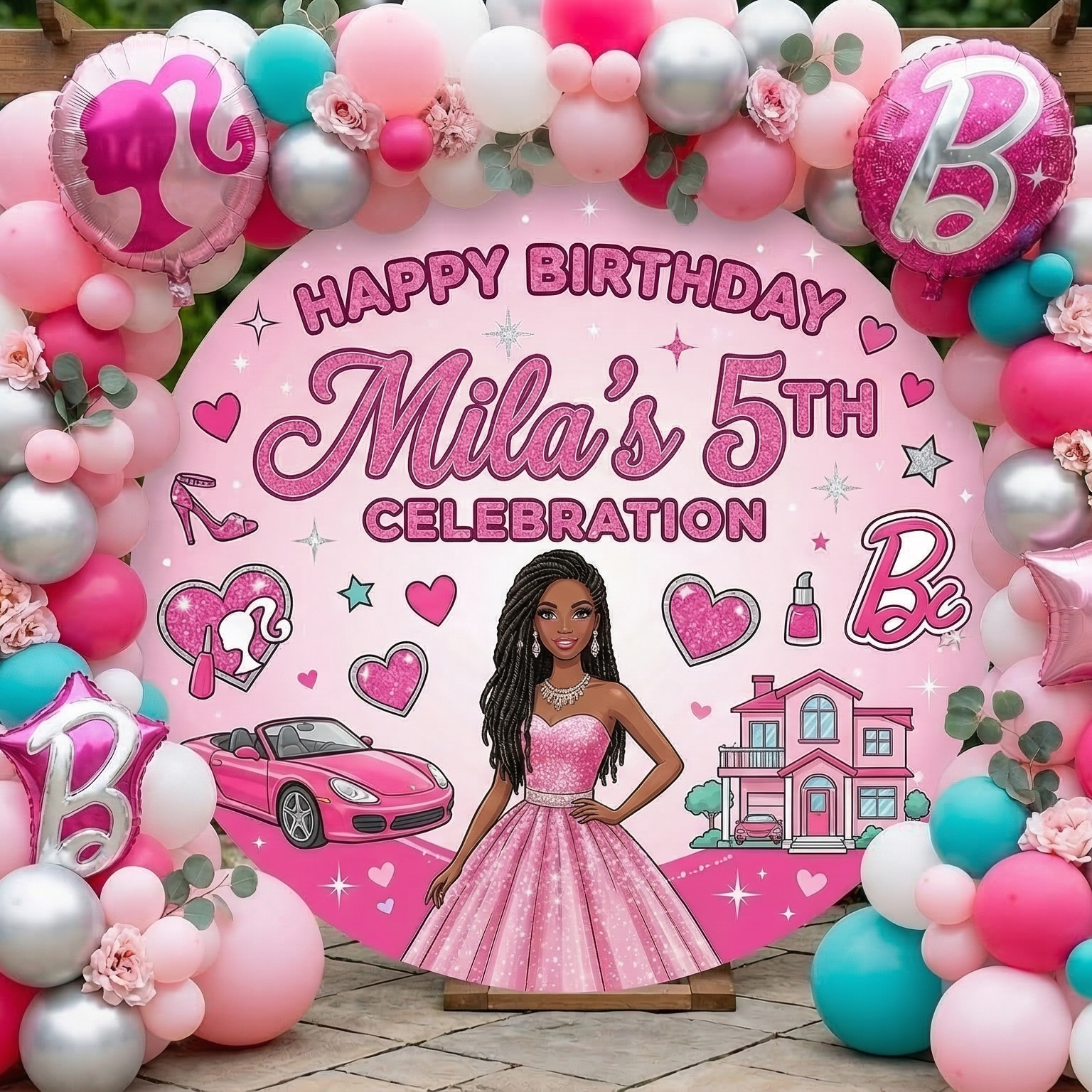 Barbie Black Girl Doll Personalized Round Fabric Cover Backdrop Background 7.2ft Decoration Party Birthday