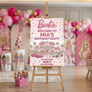 Barbie Girl Doll Theme Personalized Custom Welcome Birthday Sign Foam Poster Board Print Wall Art 24" x 36" inch Decoration Party Glossy Finish