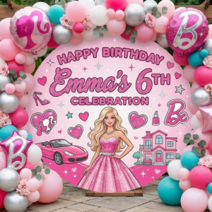 Barbie Girl Doll Personalized Round Fabric Cover Backdrop Background 7.2ft Decoration Party Birthday