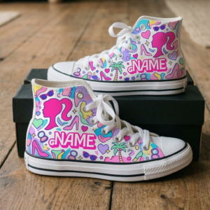 Personalized Name Birthday Barbie Face Silhouette Full Print White High Top Sneaker Shoes
