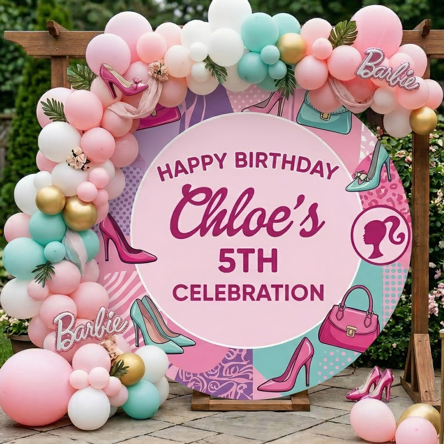 Barbie Silhouette Personalized Round Fabric Cover Backdrop Background 7.2ft Decoration Party Birthday
