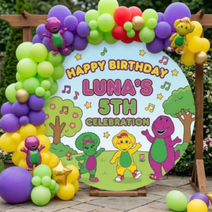 Barney and Friends Dinosaur Personalized Round Fabric Cover Backdrop Background 7.2ft Decoration Party Birthday