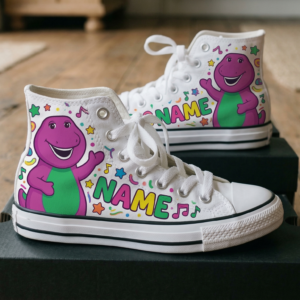Personalized Name Birthday Barney Dinosaur Full Print White High Top Sneaker Shoes