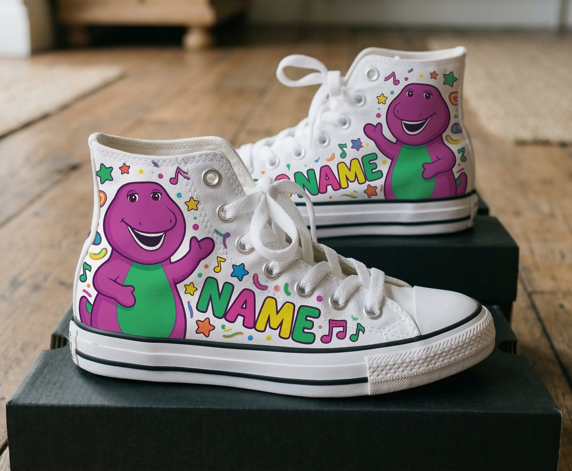 Personalized Name Birthday Barney Dinosaur Full Print White High Top Sneaker Shoes