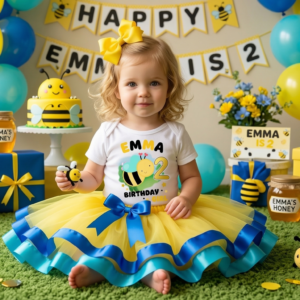 Girls Personalized Name Birthday Cute Little Bee Blue Yellow Royal Blue Ribbon Sewn Tutu Outfit Dress Set