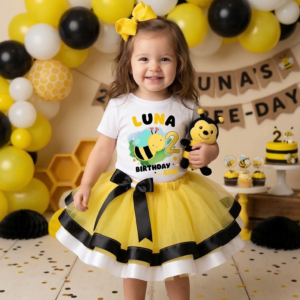 Girls Personalized Name Birthday Cute Little Bee Yellow Black White Ribbon Sewn Tutu Outfit Dress Set