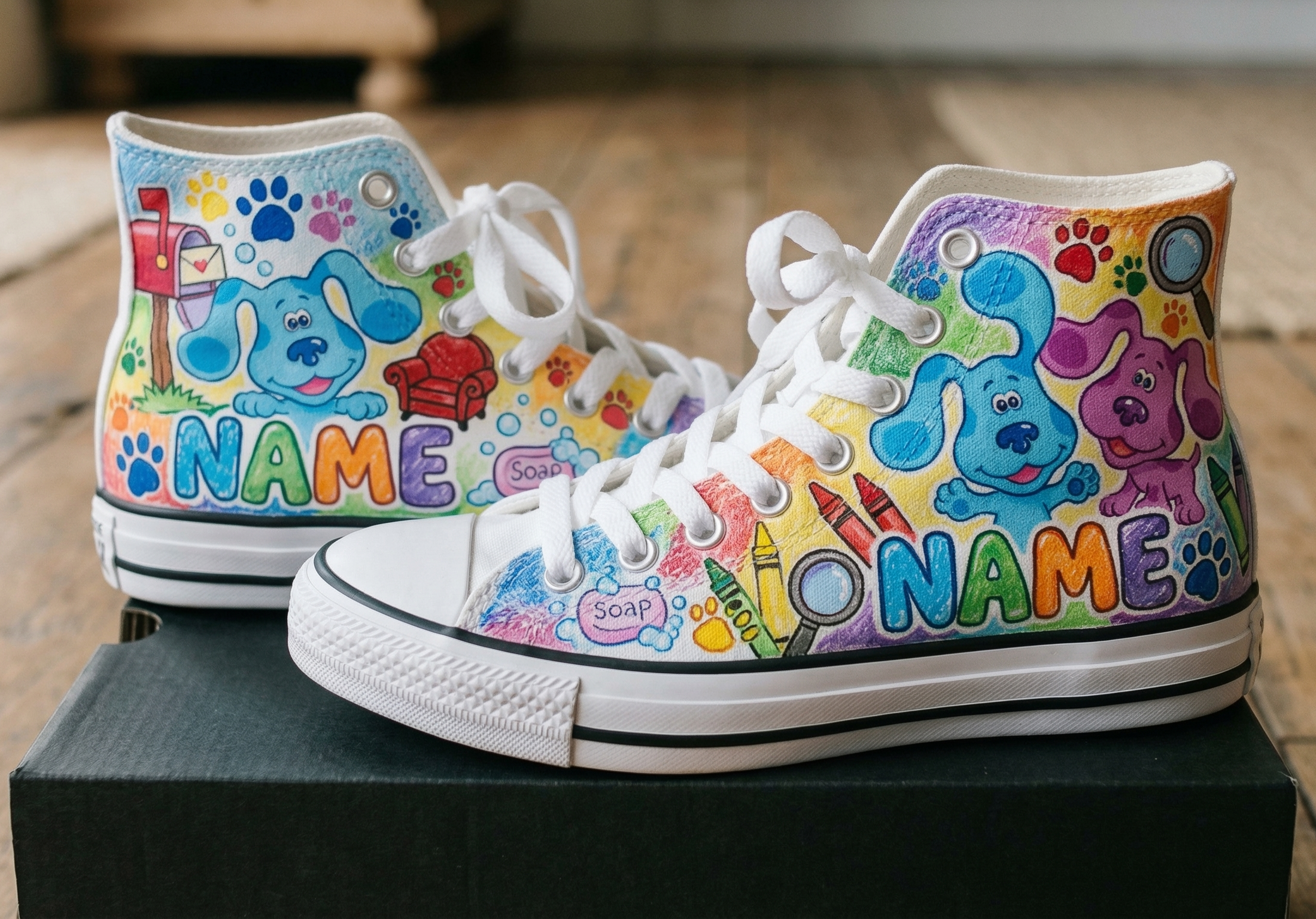 Personalized Name Birthday Blue's Clues Full Print White High Top Sneaker Shoes