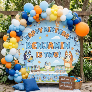 Bluey and Bingo Heeler Personalized Round Fabric Cover Backdrop Background 7.2ft Decoration Party Birthday