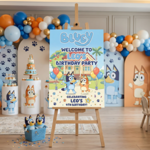 Bluey Theme Personalized Custom Welcome Birthday Sign Foam Poster Board Print Wall Art 24" x 36" inch Decoration Party Glossy Finish