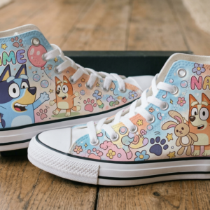 Personalized Name Birthday Bluey and Bingo Full Print White High Top Sneaker Shoes