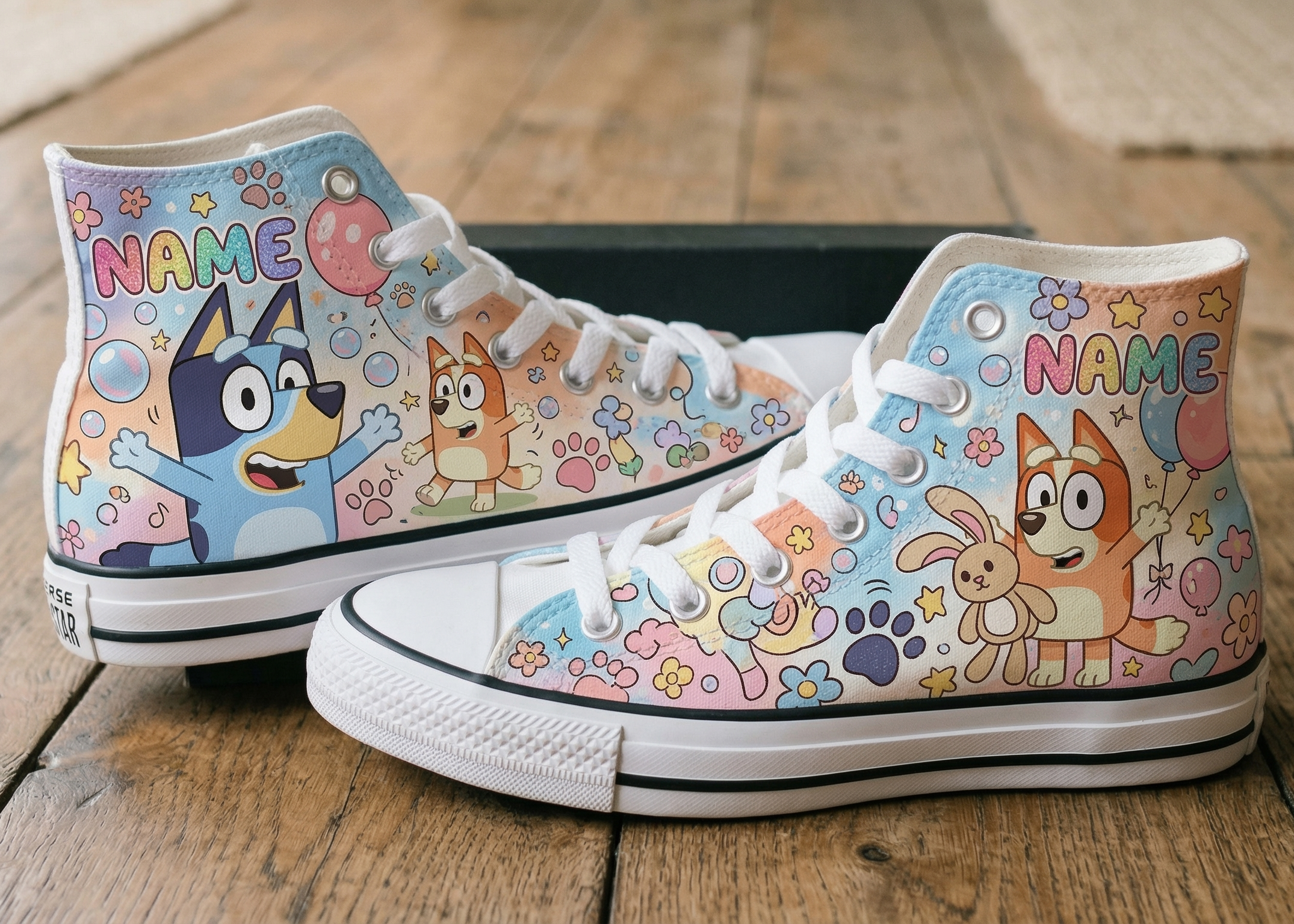 Personalized Name Birthday Bluey and Bingo Full Print White High Top Sneaker Shoes
