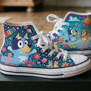 Personalized Name Birthday Bluey and Bingo Heeler Full Print White High Top Sneaker Shoes