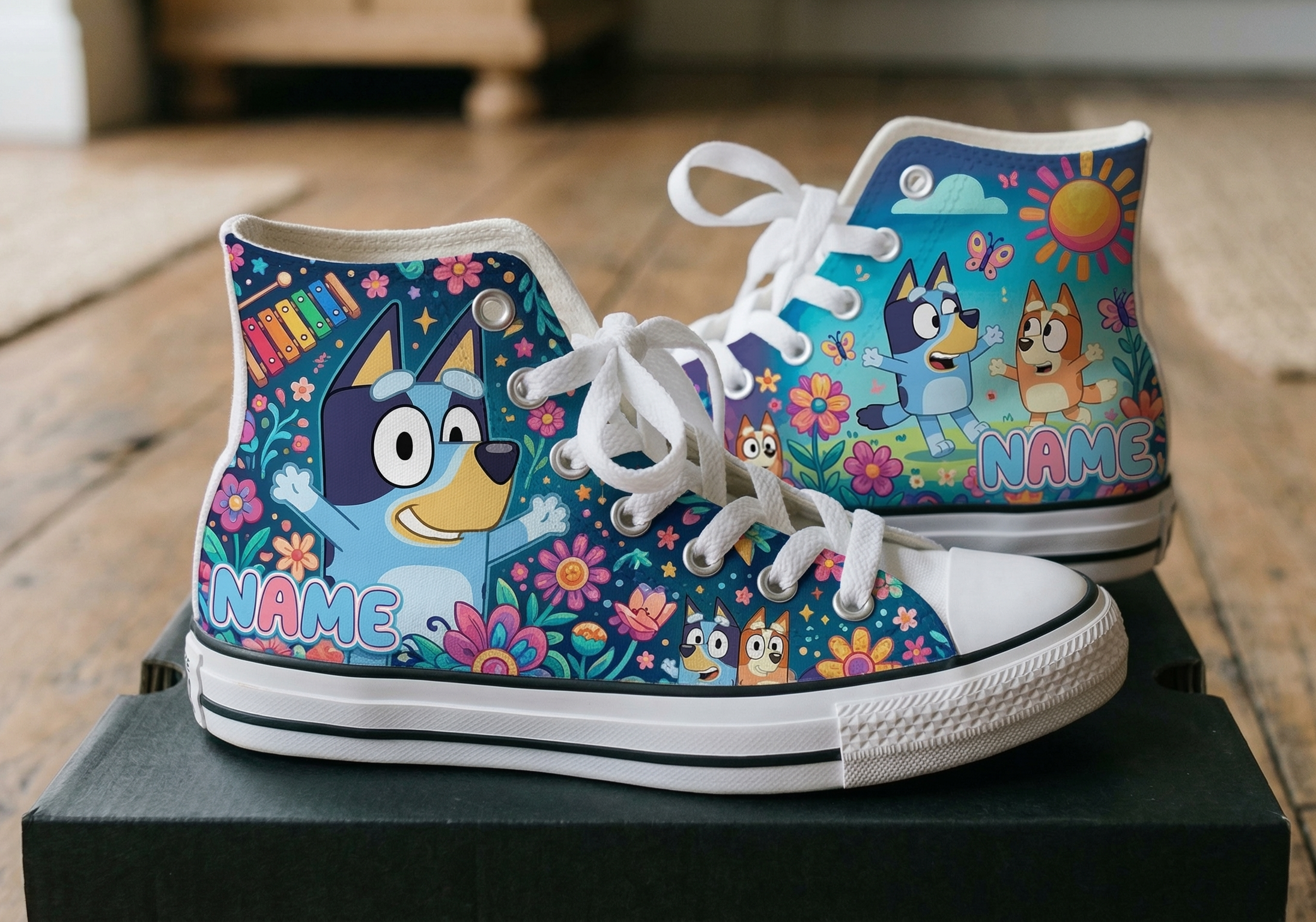 Personalized Name Birthday Bluey and Bingo Heeler Full Print White High Top Sneaker Shoes