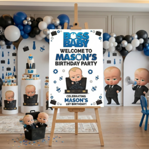 Boss Baby Theme Personalized Custom Welcome Birthday Sign Foam Poster Board Print Wall Art 24" x 36" inch Decoration Party Glossy Finish