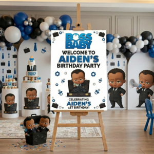 Boss Baby Black Boy Theme Personalized Custom Welcome Birthday Sign Foam Poster Board Print Wall Art 24" x 36" inch Decoration Party Glossy Finish