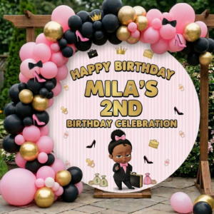 Boss Baby Black Girl Personalized Round Fabric Cover Backdrop Background 7.2ft Decoration Party Birthday