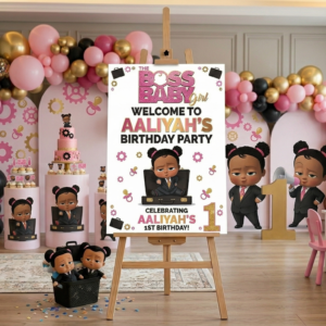 Boss Baby Black Girl Theme Personalized Custom Welcome Birthday Sign Foam Poster Board Print Wall Art 24" x 36" inch Decoration Party Glossy Finish