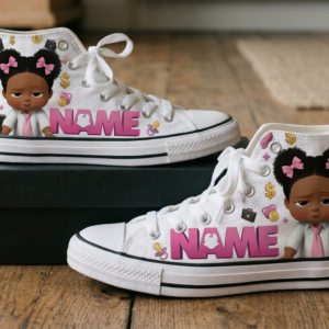 Personalized Name Birthday Boss Baby Black Girl Full Print White High Top Sneaker Shoes