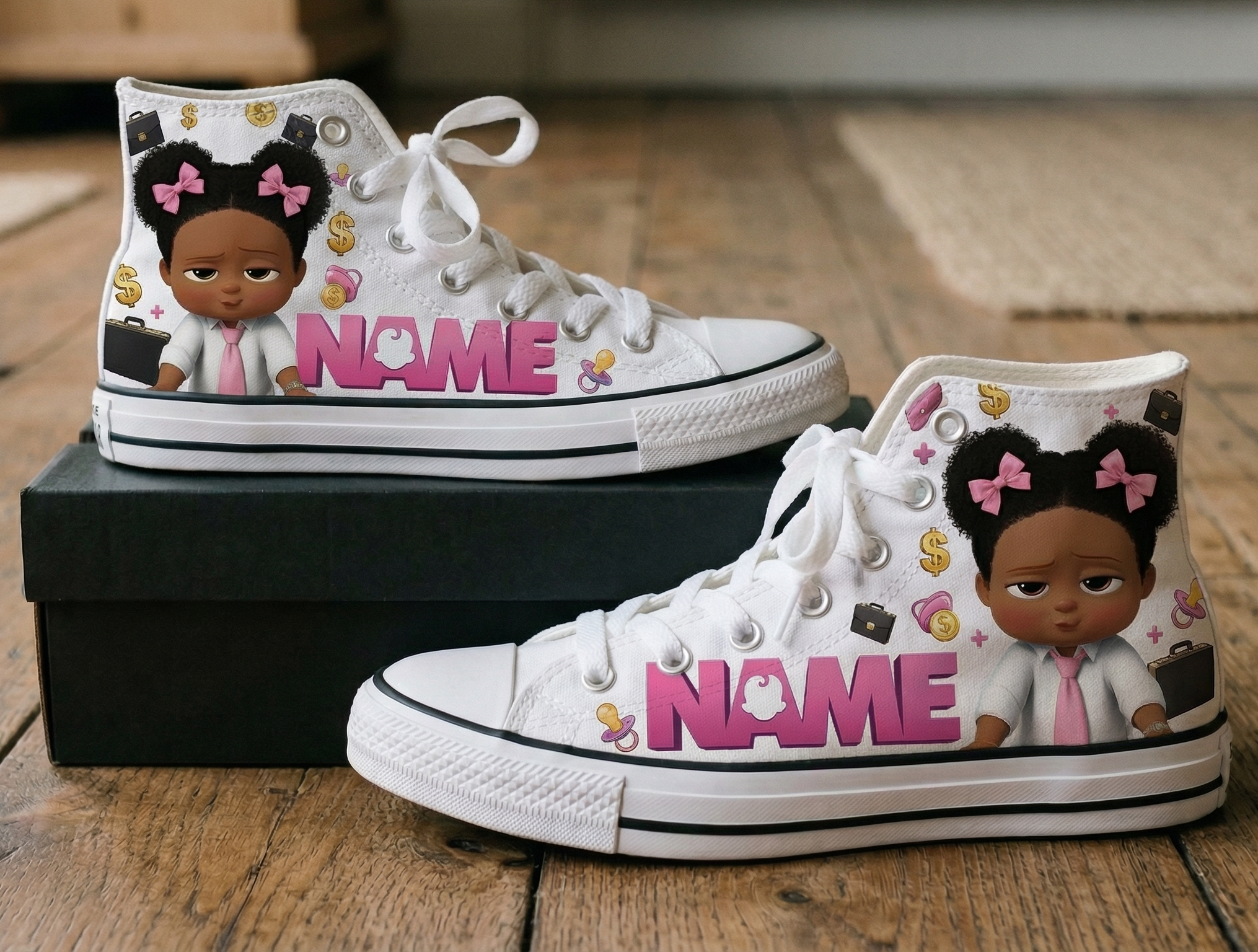 Personalized Name Birthday Boss Baby Black Girl Full Print White High Top Sneaker Shoes