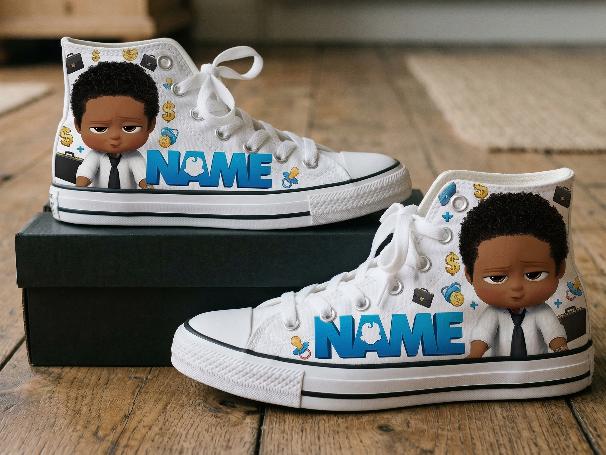 Personalized Name Birthday Boss Baby Black Boy Full Print White High Top Sneaker Shoes