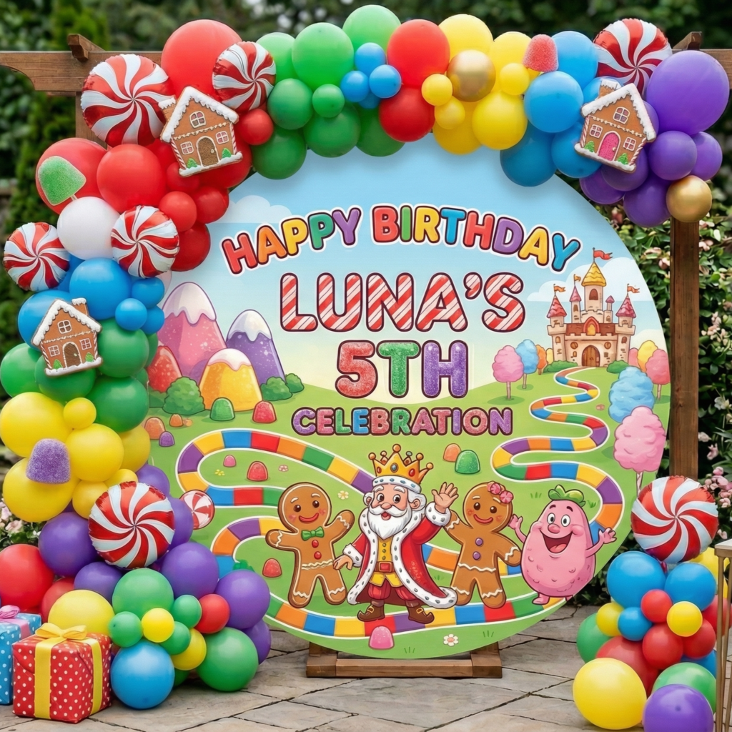 Candyland Personalized Round Fabric Cover Backdrop Background 7.2ft Decoration Party Birthday