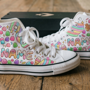 Personalized Name Birthday Candyland Full Print White High Top Sneaker Shoes