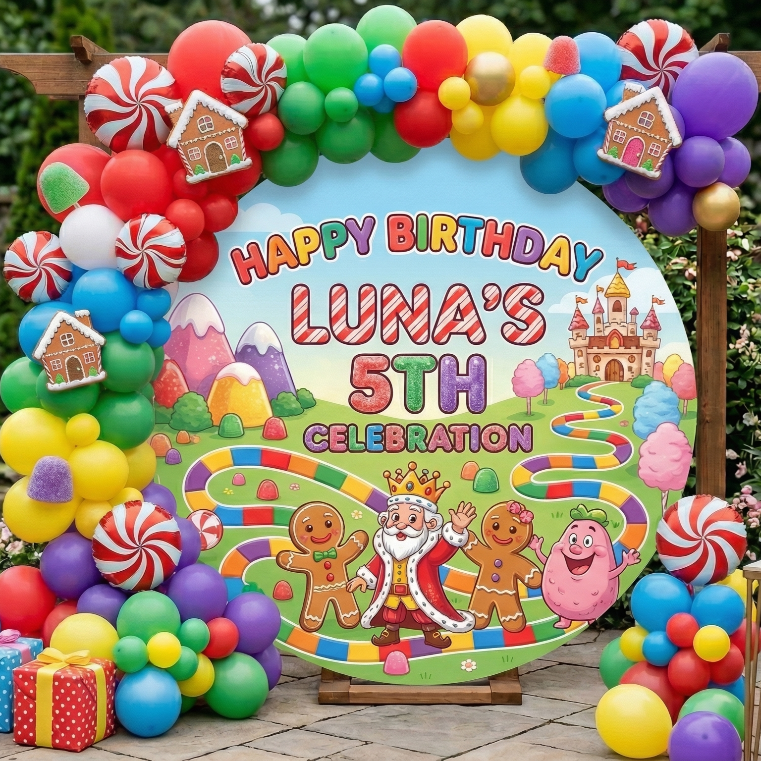 Candyland Personalized Round Fabric Cover Backdrop Background 7.2ft Decoration Party Birthday