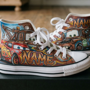 Personalized Name Birthday Cars Lightning McQueen Mater Full Print White High Top Sneaker Shoes