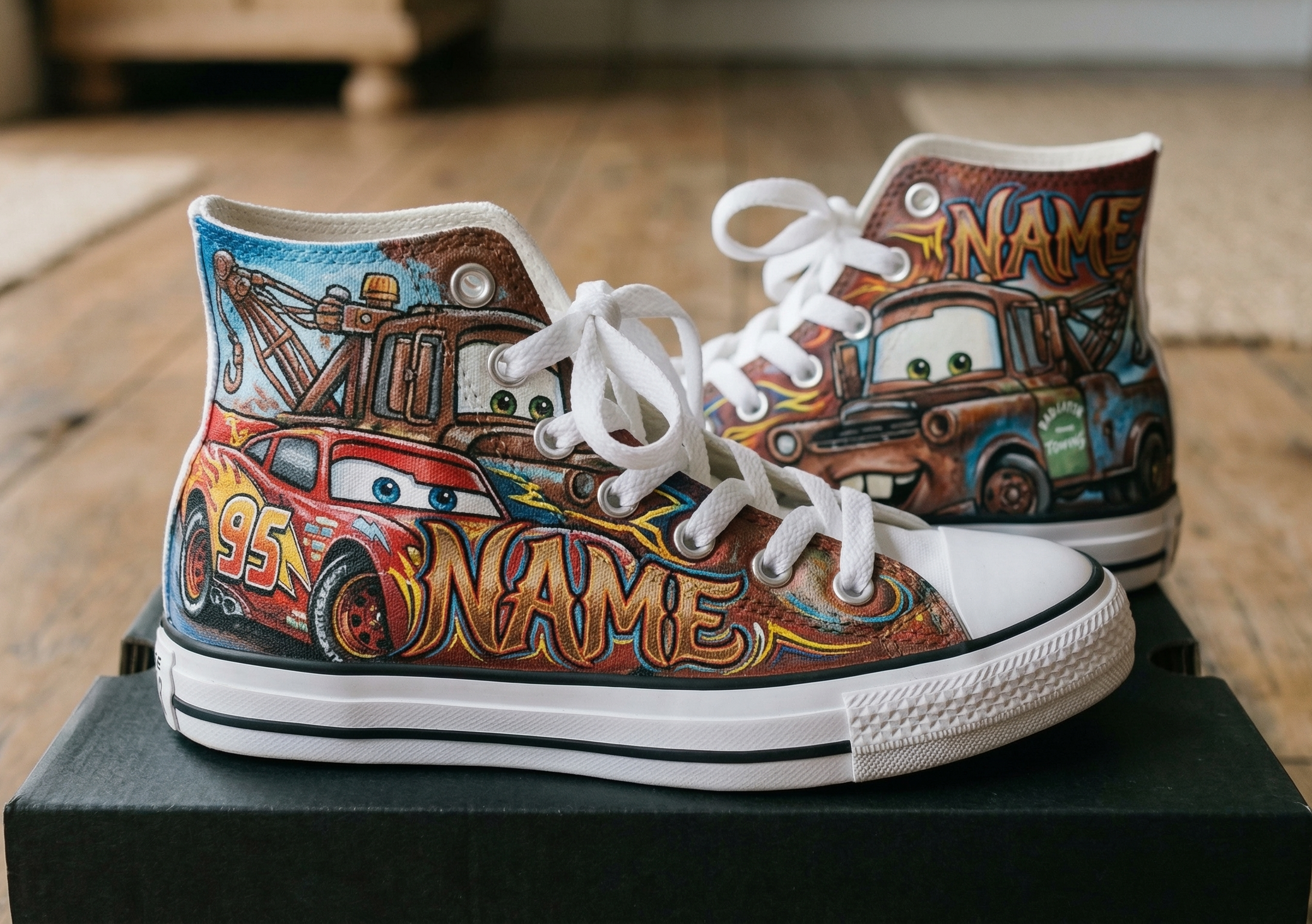 Personalized Name Birthday Cars Lightning McQueen Mater Full Print White High Top Sneaker Shoes