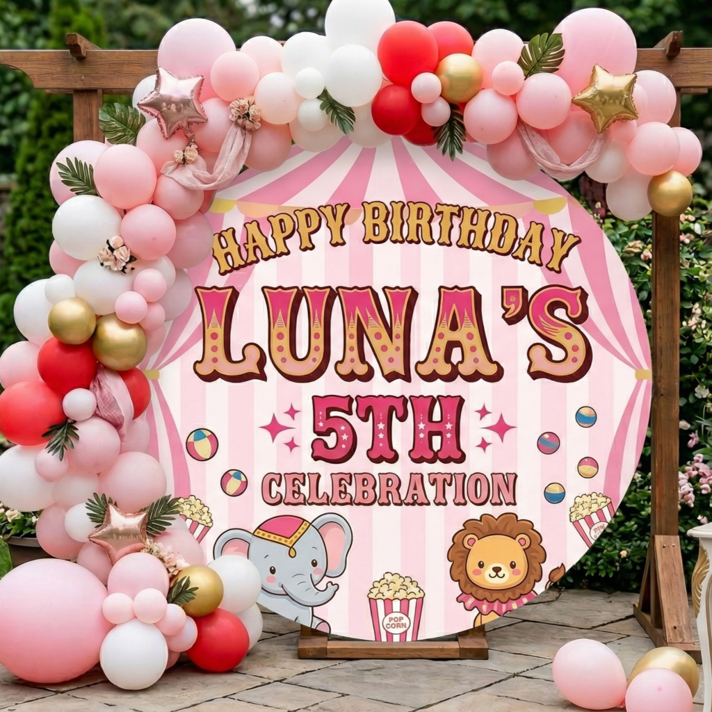 Circus Pink Tent Personalized Round Fabric Cover Backdrop Background 7.2ft Decoration Party Birthday