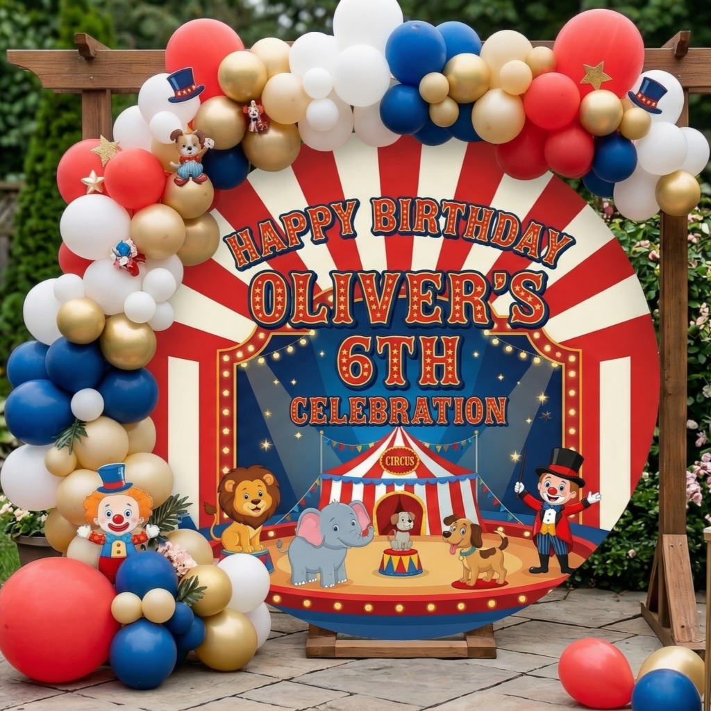 Circus Red Tent Personalized Round Fabric Cover Backdrop Background 7.2ft Decoration Party Birthday