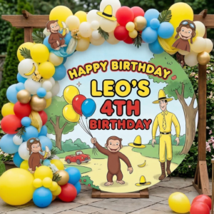 Curious George Personalized Round Fabric Cover Backdrop Background 7.2ft Decoration Party Birthday