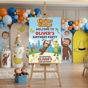 Curious George Theme Personalized Custom Welcome Birthday Sign Foam Poster Board Print Wall Art 24" x 36" inch Decoration Party Glossy Finish