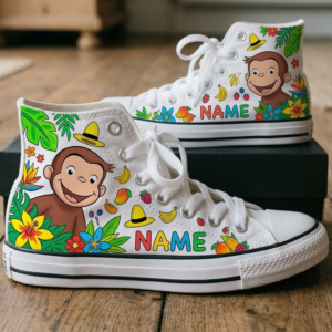 Personalized Name Birthday Curious George Full Print White High Top Sneaker Shoes