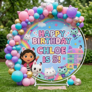 Gabby's Dollhouse Personalized Round Fabric Cover Backdrop Background 7.2ft Decoration Party Birthday