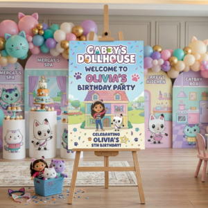 Gabby's Dollhouse Theme Personalized Custom Welcome Birthday Sign Foam Poster Board Print Wall Art 24" x 36" inch Decoration Party Glossy Finish