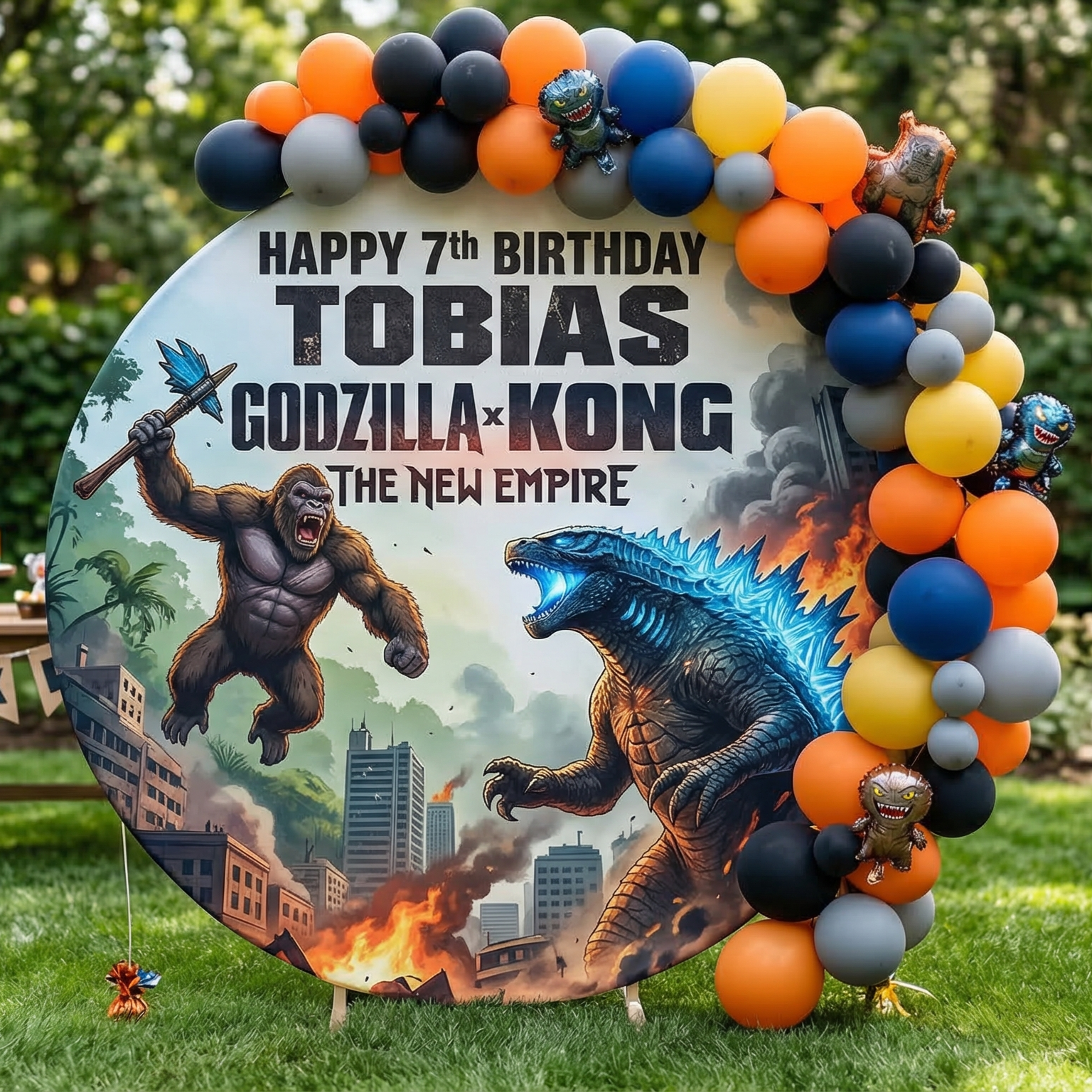 Godzilla x Kong Personalized Round Fabric Cover Backdrop Background 7.2ft Decoration Party Birthday