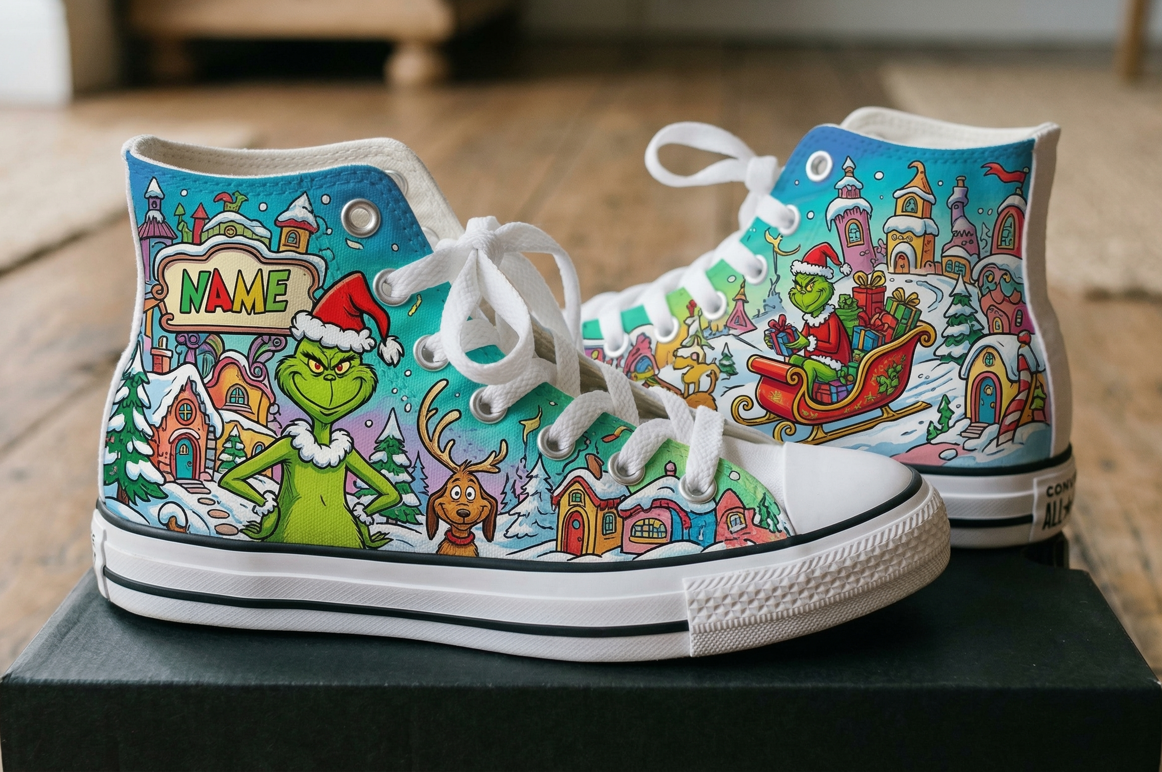 Personalized Name Birthday The Grinch and Max Full Print White High Top Sneaker Shoes