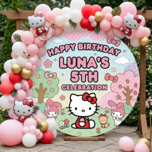 Hello Kitty Personalized Round Fabric Cover Backdrop Background 7.2ft Decoration Party Birthday
