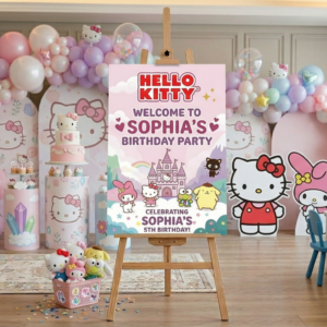 Hello Kitty Theme Personalized Custom Welcome Birthday Sign Foam Poster Board Print Wall Art 24" x 36" inch Decoration Party Glossy Finish