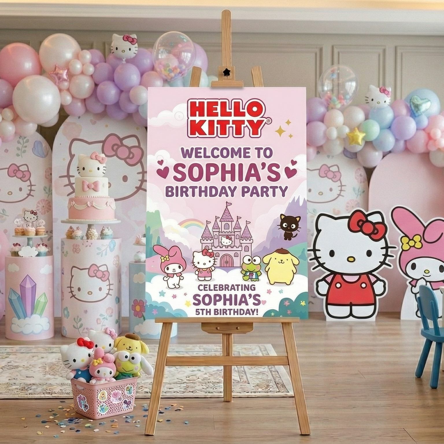 Hello Kitty Theme Personalized Custom Welcome Birthday Sign Foam Poster Board Print Wall Art 24" x 36" inch Decoration Party Glossy Finish