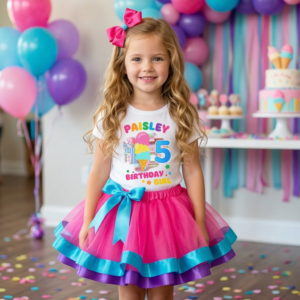 Girls Personalized Name Birthday Ice Cream Cone Pink Blue Purple Ribbon Sewn Tutu Outfit Dress Set