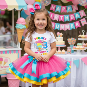 Girls Personalized Name Birthday Ice Cream Cone Pink Blue Yellow Ribbon Sewn Tutu Outfit Dress Set