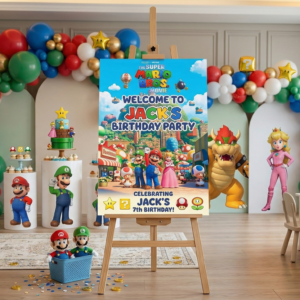 Super Mario Movie Theme Personalized Custom Welcome Birthday Sign Foam Poster Board Print Wall Art 24" x 36" inch Decoration Party Glossy Finish
